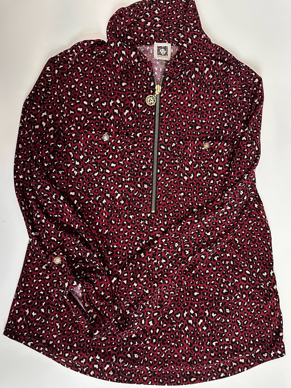 Anne Klein Vintage Burgundy Leopard Animal Print Half-Zip jersey